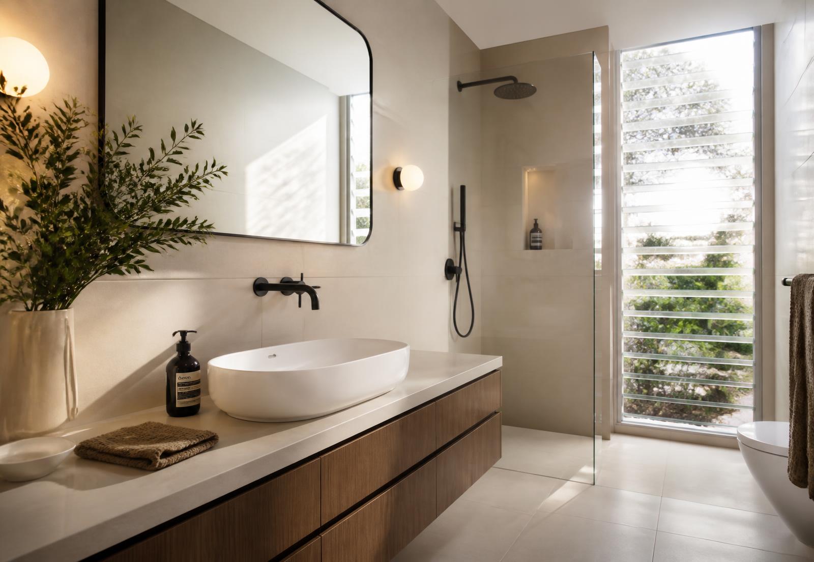 Finished modern bathroom fitted with basin, mixer tap and shower set