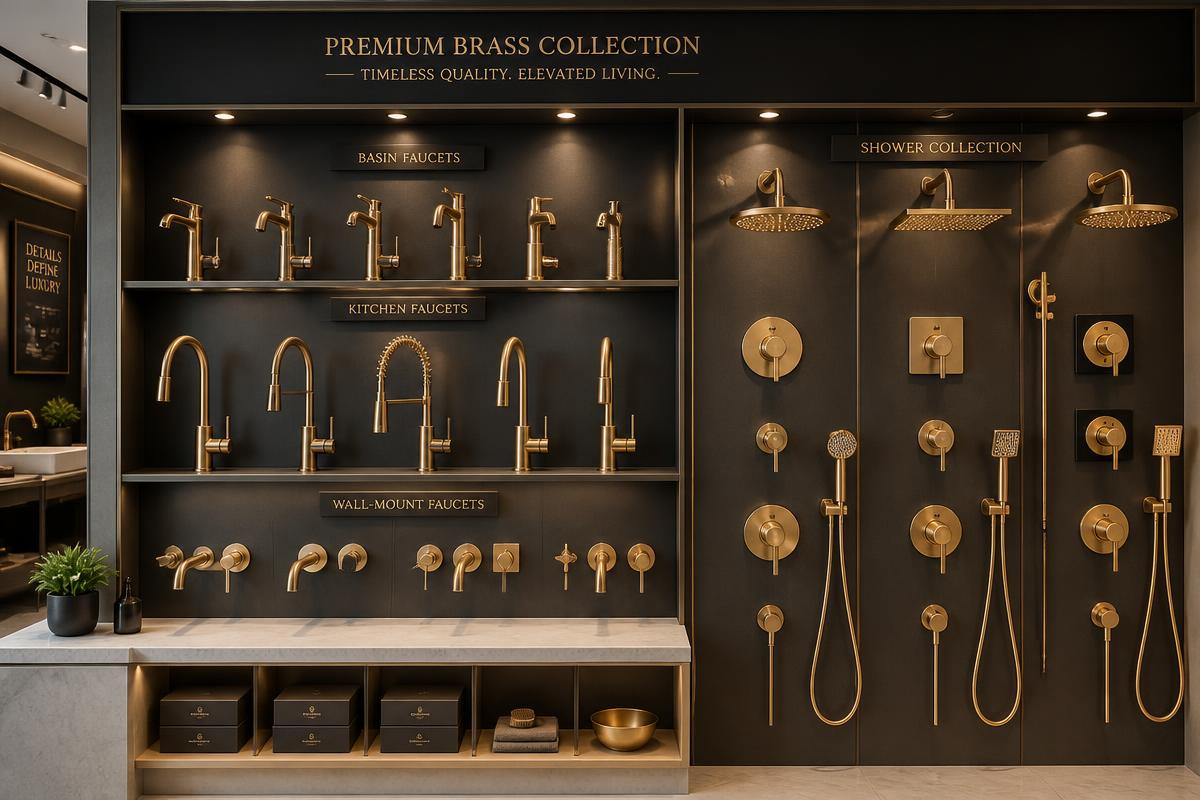 Premium washbasins and brass faucets displayed at Fina Electricals
