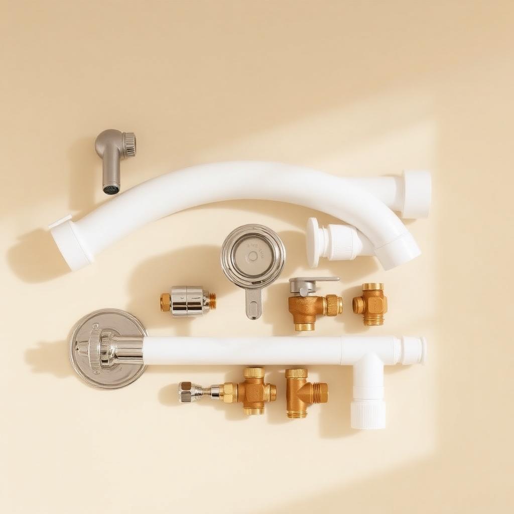 PVC pipes, brass valves and plumbing fittings arranged neatly
